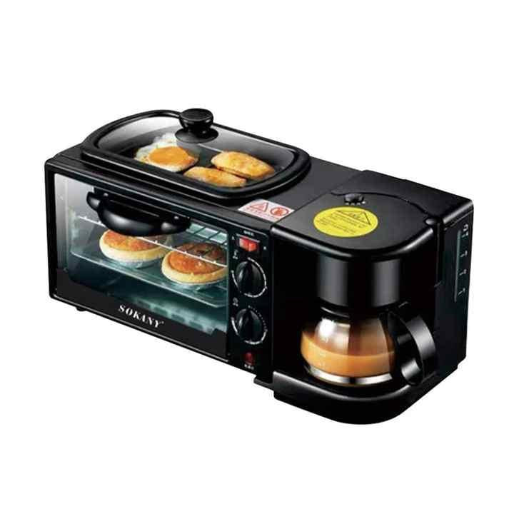 3-In-1 Multifunctional Breakfast Maker (Toaster Oven, Non-Stick Griddle and Drip Coffee Machine) Versatile Breakfast Maker with Timer and Top Tray for Frying and Warming Free coffee pot)(Black)