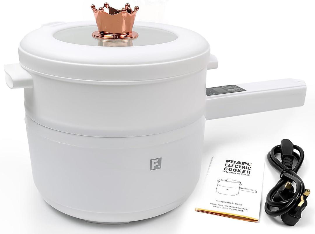 2L Hot Pot Electric Cooker Multi Cooker Electric Pot, Rice Cooker Small, Steamer Cooker, Electric Skillet, Electric Frying Pan Electric Hot Pot, Portable Nonstick Pan (White Liner + Steamer)