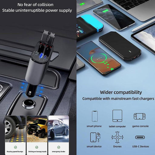 4 in 1 Retractable Charger l Retractable Car Charger l Car Charger Compatible with iPhone, Android l Fast Car Power Adapter l Type C Car Charger