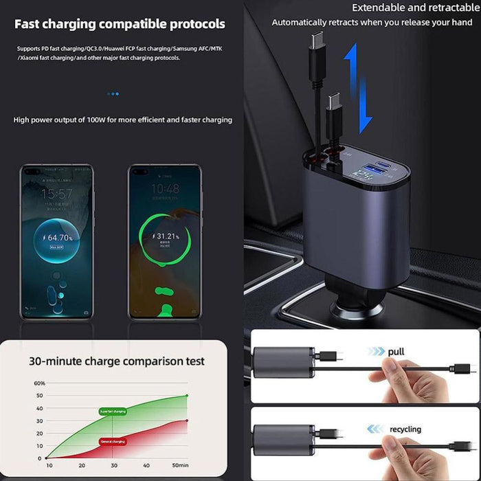 4 in 1 Retractable Charger l Retractable Car Charger l Car Charger Compatible with iPhone, Android l Fast Car Power Adapter l Type C Car Charger