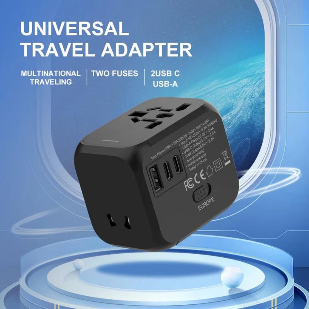 Universal Travel Adapter I Equipped with two USB-C ports, USB-A ports I Compact and convenient