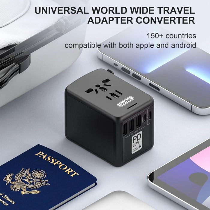 World Travel Adopter I 3 USB ports and 2 Type-C ports I Made from fireproof PC and ABS materials I Classic black color