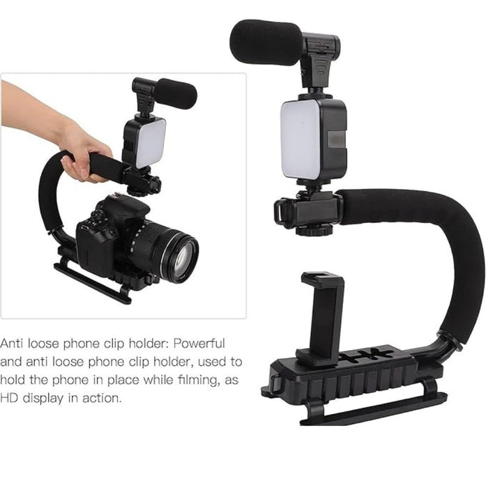 Portable U-Shaped Vlogging Kit I Remote Shutter for Smartphone Vlogging and Filmmaking I LED Video Light Microphone Phone Holder