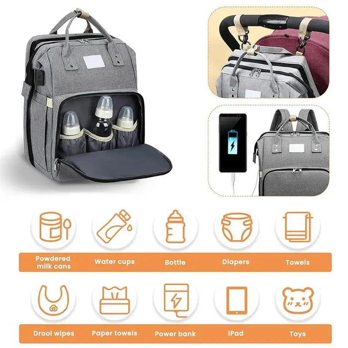 Portable Folding Crib Diaper Bag Multi-Function Mummy Bag, 3 in 1 Diaper Bag Backpack with Changing Station, Travel Nappy Bag with Stroller Straps & Changing Pad (D), Waterproof Portable Mom Travel Baby Shower Gifts, Grey!!