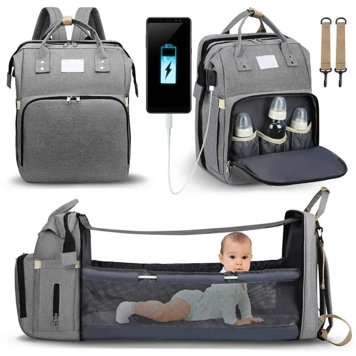 Portable Folding Crib Diaper Bag Multi-Function Mummy Bag, 3 in 1 Diaper Bag Backpack with Changing Station, Travel Nappy Bag with Stroller Straps & Changing Pad (D), Waterproof Portable Mom Travel Baby Shower Gifts, Grey!!