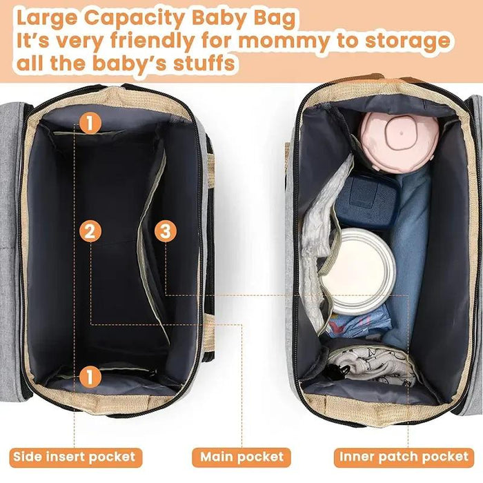 Portable Folding Crib Diaper Bag Multi-Function Mummy Bag, 3 in 1 Diaper Bag Backpack with Changing Station, Travel Nappy Bag with Stroller Straps & Changing Pad (D), Waterproof Portable Mom Travel Baby Shower Gifts, Grey!!