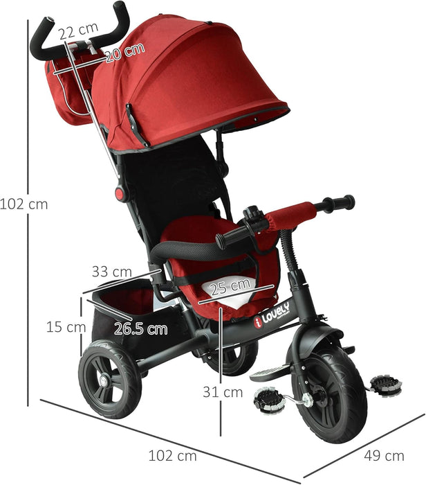 Baby Kids Children Tricycle Ride on 3 Wheels Safe Canopy Bike w/Handle (Red)