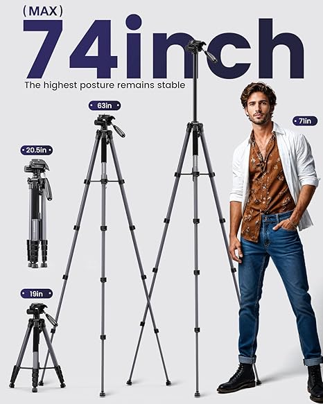 74"-Camera-Tripod, Gray Professional Aluminum Tripod Stand for Mirrorless Camera/DSLR/Cell Phone/Camcorder/GoPro, with Phone Holder and Travel Bag (Gunmetal Gray)