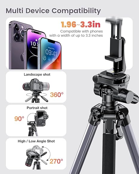 74"-Camera-Tripod, Gray Professional Aluminum Tripod Stand for Mirrorless Camera/DSLR/Cell Phone/Camcorder/GoPro, with Phone Holder and Travel Bag (Gunmetal Gray)