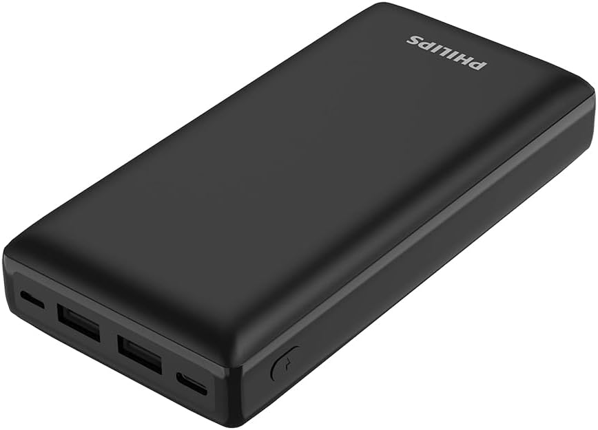 Philips 20000mAh Portable Power Bank with USB C Input Output Port and Dual USB A Ports Compatible with iphone, Android, iPod and More, Black!