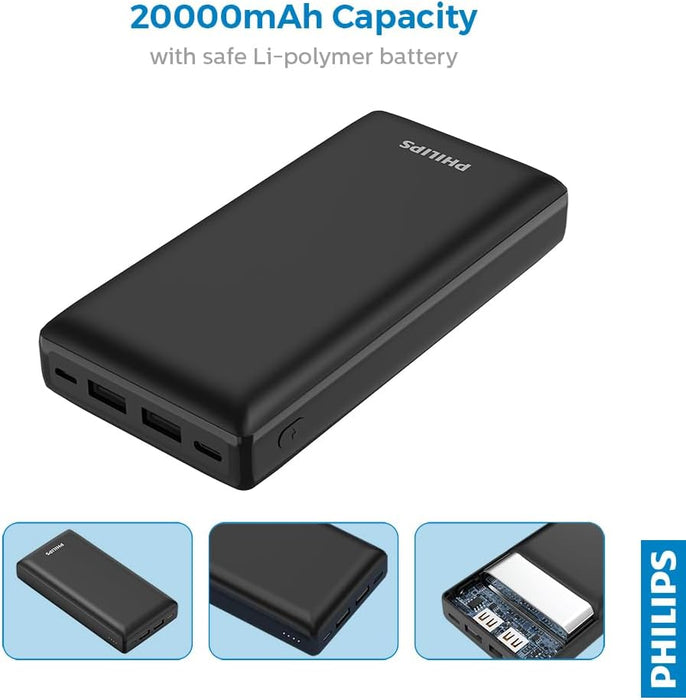 Philips 20000mAh Portable Power Bank with USB C Input Output Port and Dual USB A Ports Compatible with iphone, Android, iPod and More, Black!