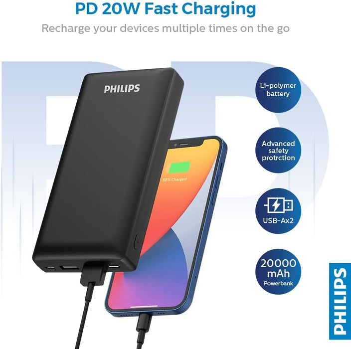 Philips 20000mAh Portable Power Bank with USB C Input Output Port and Dual USB A Ports Compatible with iphone, Android, iPod and More, Black!