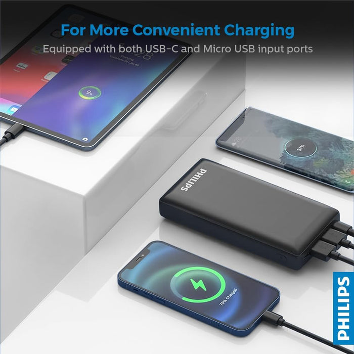 Philips 20000mAh Portable Power Bank with USB C Input Output Port and Dual USB A Ports Compatible with iphone, Android, iPod and More, Black!