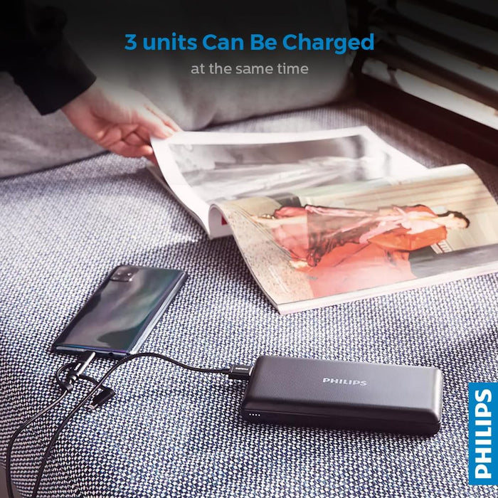 Philips 20000mAh Portable Power Bank with USB C Input Output Port and Dual USB A Ports Compatible with iphone, Android, iPod and More, Black!